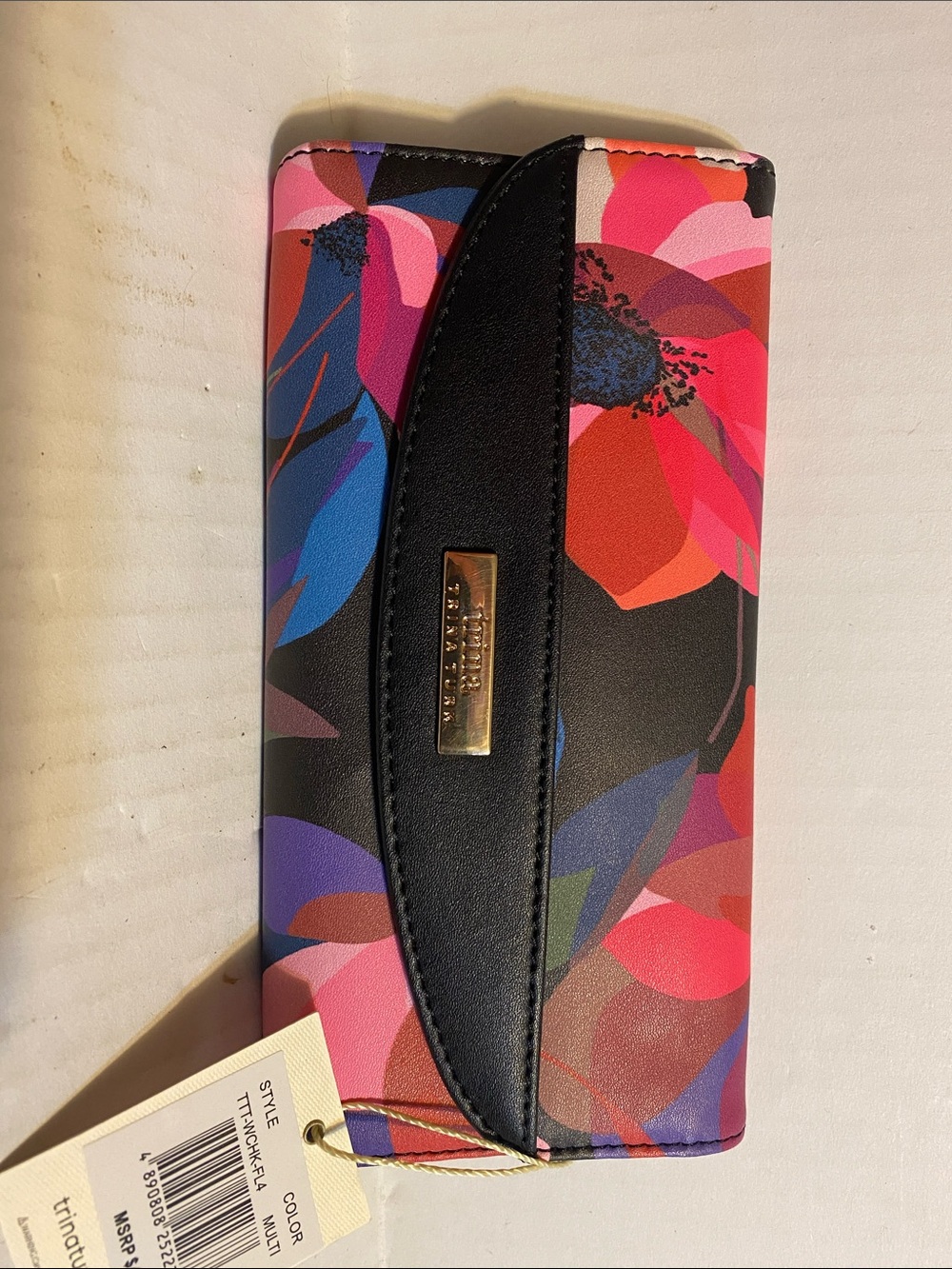 Trina Turk Floral Card & Key Holder in Multi Pink/Blue/Red with Black Trim